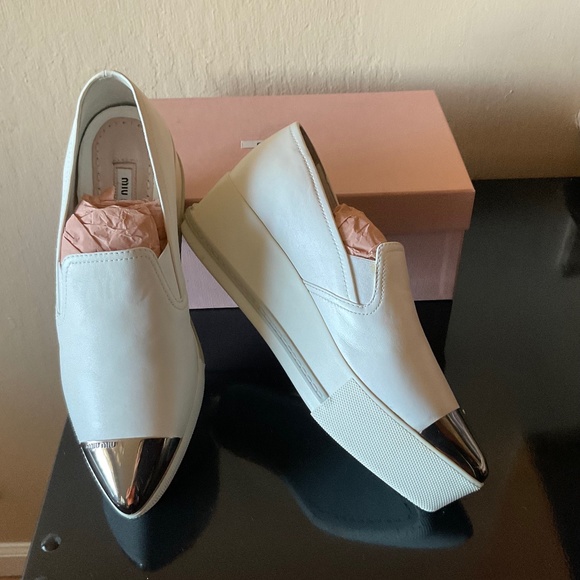 Miu Miu Prada New! ❤️ White Nappa Leather Metal Point Cap Platform Sneak… - Picture 4 of 16